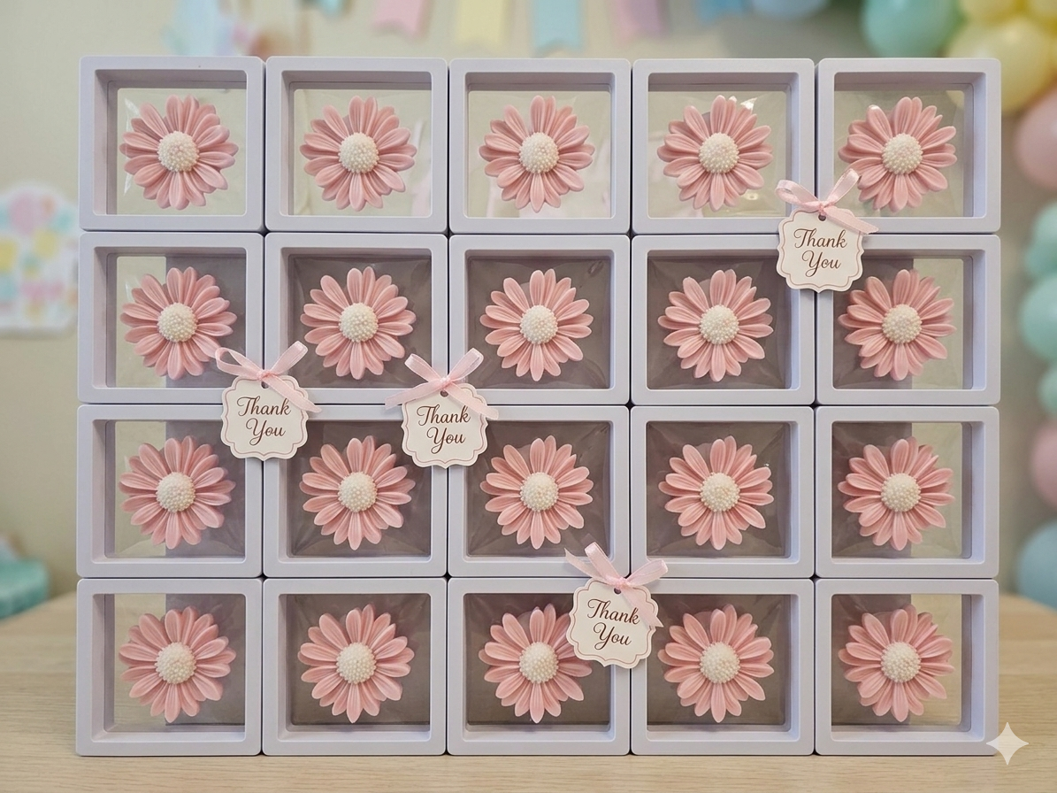 Personalized Pink Daisy Floral Wax Melt Favor | Wedding & Bridal Shower Guest Gift | Custom Thank You Favor