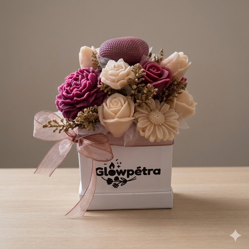 Medium Floral Candle Bouquet in Round Box – Cashmere Bramble Berry Scent | Traditional Wick or Wickless Option
