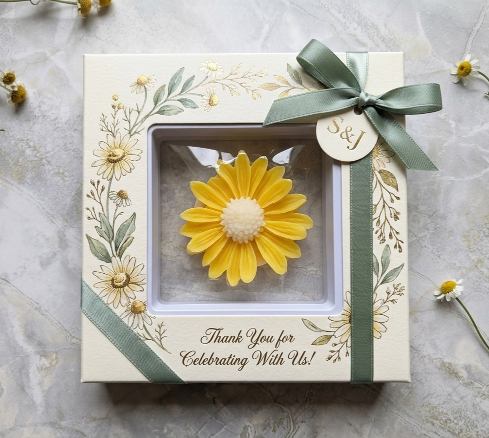 Personalized Yellow Daisy Floral Wax Melt Favor | Wedding & Bridal Shower Guest Gift | Custom Thank You Favor