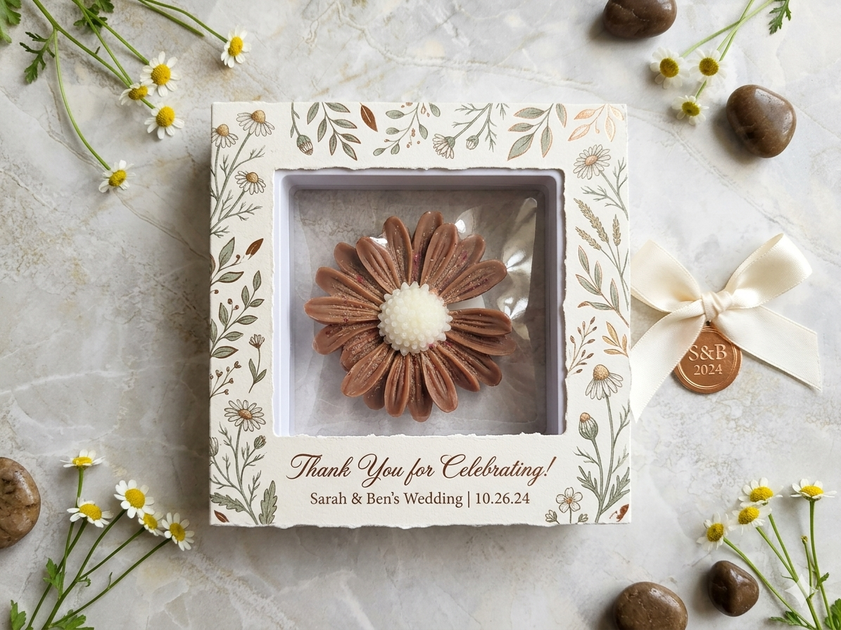 Personalized Brown Daisy Floral Wax Melt Favor | Wedding & Bridal Shower Guest Gift | Custom Thank You Favor