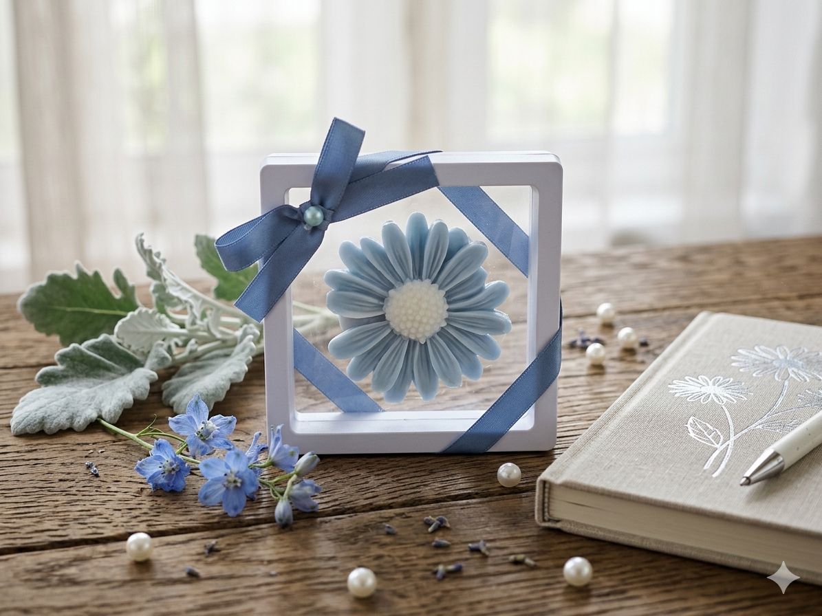Personalized Blue Daisy Floral Wax Melt Favor | Wedding & Bridal Shower Guest Gift | Custom Thank You Favor