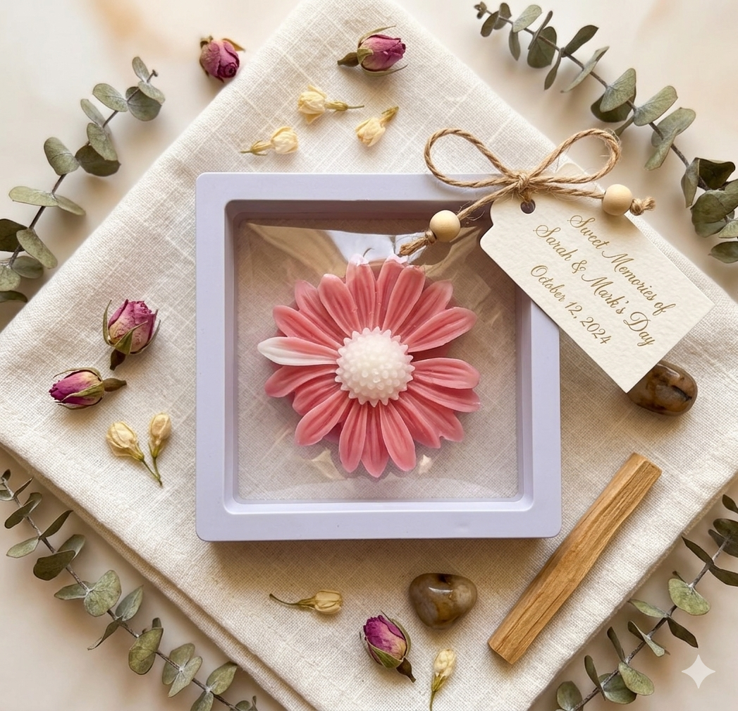 Personalized Red Daisy Floral Wax Melt Favor | Wedding & Bridal Shower Guest Gift | Custom Thank You Favor