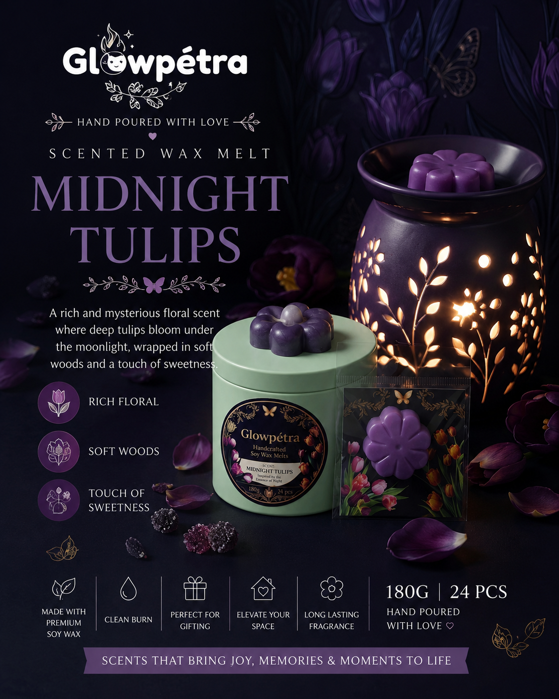 Midnight Tulips Scented Wax Melts | Premium Soy Wax | Hand Poured by Glowpétra